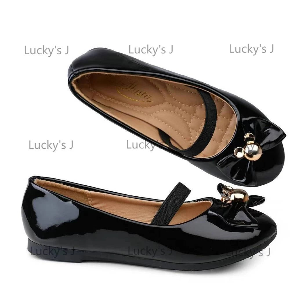 Shuta Girls' patent leather princess shoes, black Mary Jane shoes with bows, rubber soft soles