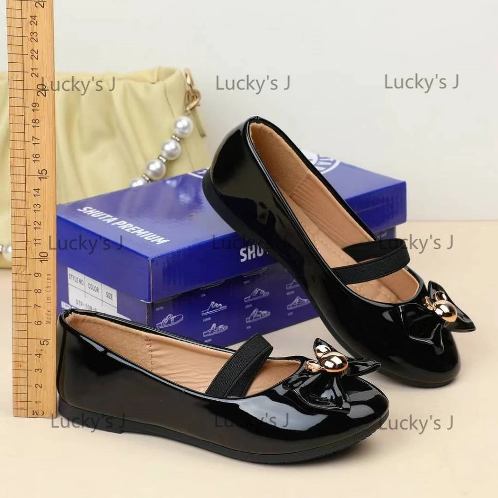 Shuta Girls' patent leather princess shoes, black Mary Jane shoes with bows, rubber soft soles