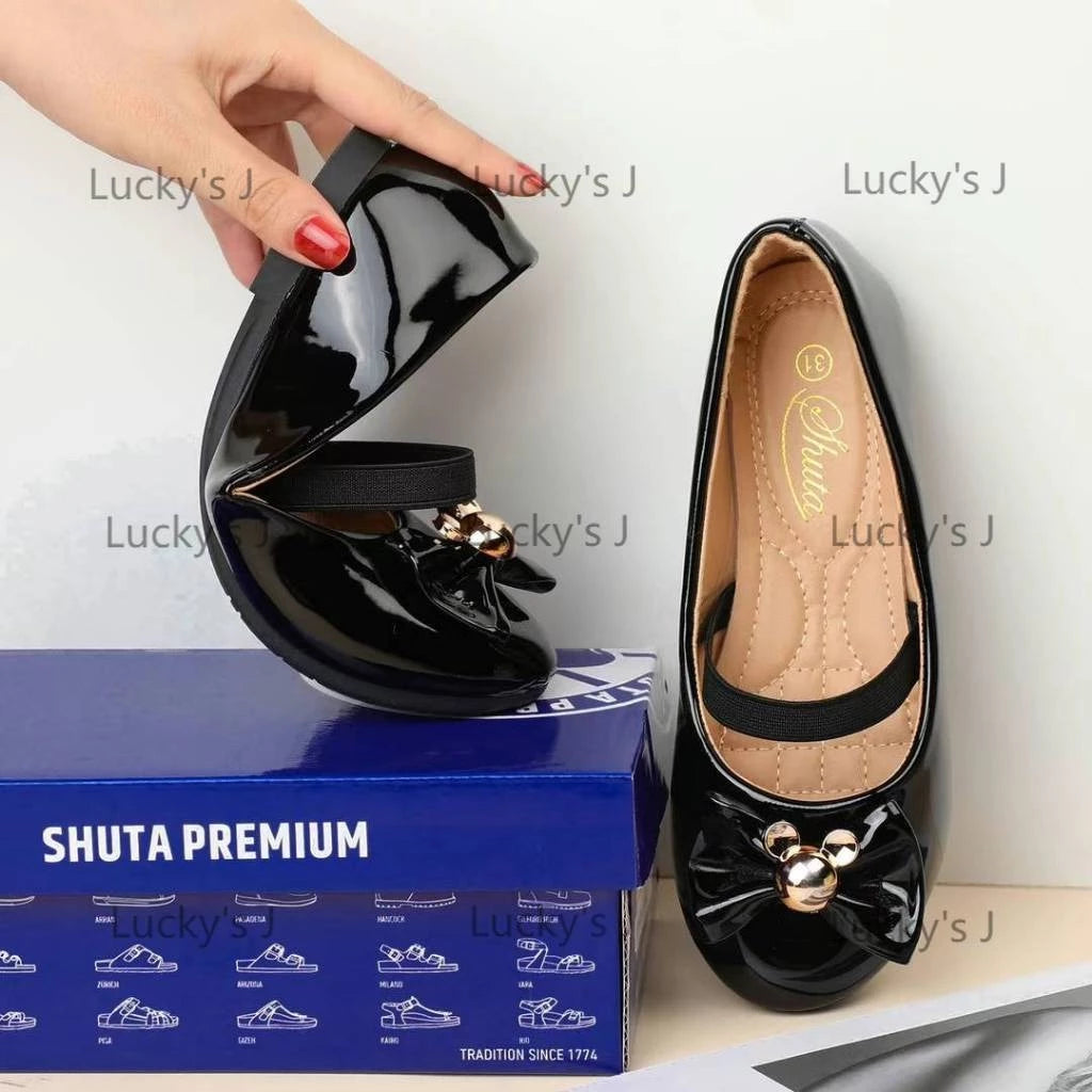 Shuta Girls' patent leather princess shoes, black Mary Jane shoes with bows, rubber soft soles