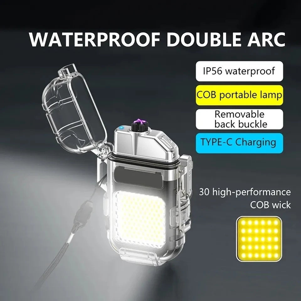 Waterproof Electric ARC Lighter USB Rechargeable LED Flashlight Keychain Portable Work Light