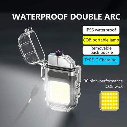 Waterproof Electric ARC Lighter USB Rechargeable LED Flashlight Keychain Portable Work Light