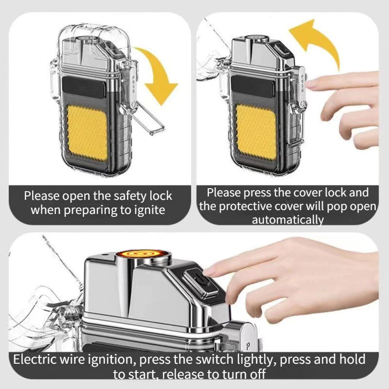 Waterproof Electric ARC Lighter USB Rechargeable LED Flashlight Keychain Portable Work Light