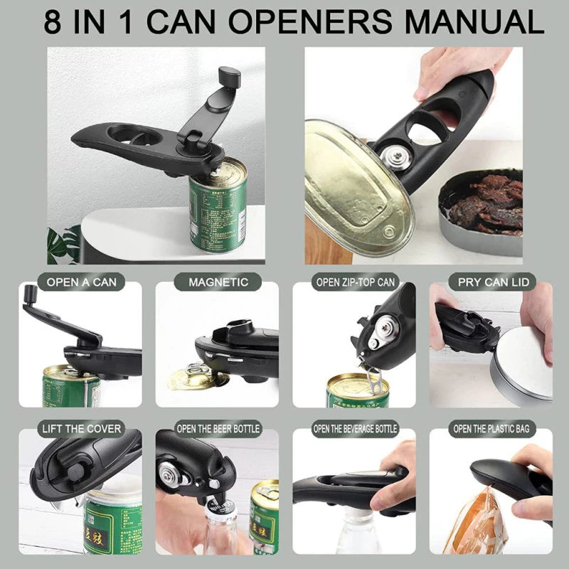 Multifunctional 8 in 1 Manual Can Opener Ergonomic Bottle Opener with Rotary Handle Portable Beer