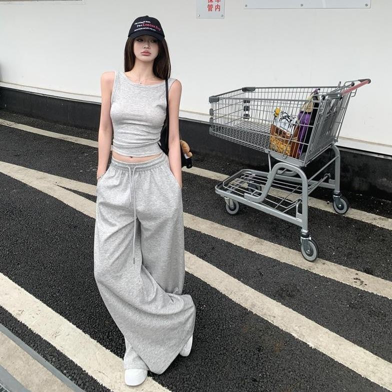 Korean Version Lazy Style Gray Lounge Sweatpants Women Loose Casual Wide Leg Trousers