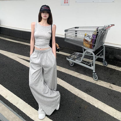 Korean Version Lazy Style Gray Lounge Sweatpants Women Loose Casual Wide Leg Trousers