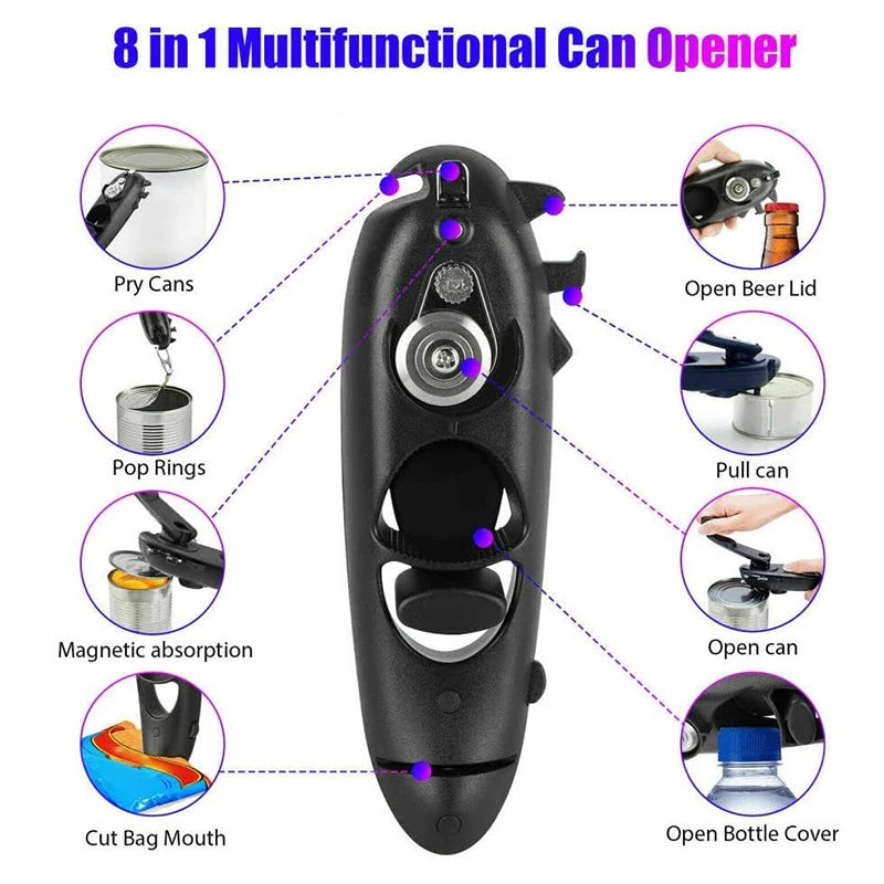 Multifunctional 8 in 1 Manual Can Opener Ergonomic Bottle Opener with Rotary Handle Portable Beer
