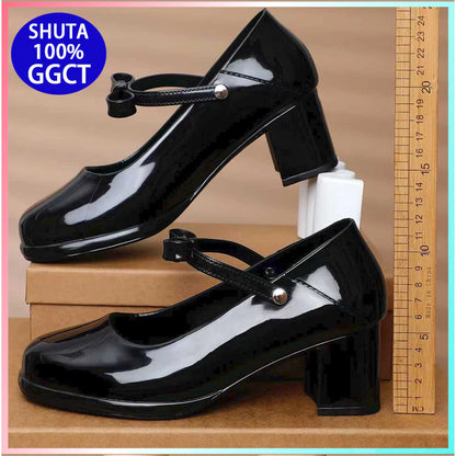 SHUTA New 2-inchs High Heel Black Shoes For Women Shiny Slip-on High heels For school and office